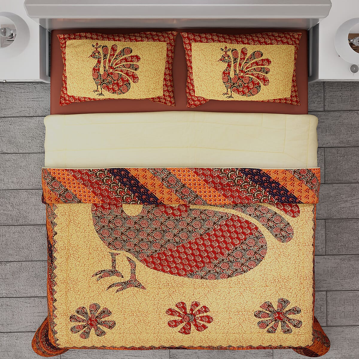 Multi Color Peacock Printed 100% Cotton Hand Quilted, Hand Stitched Quilt and 2pcs Pillow Sham image number 2