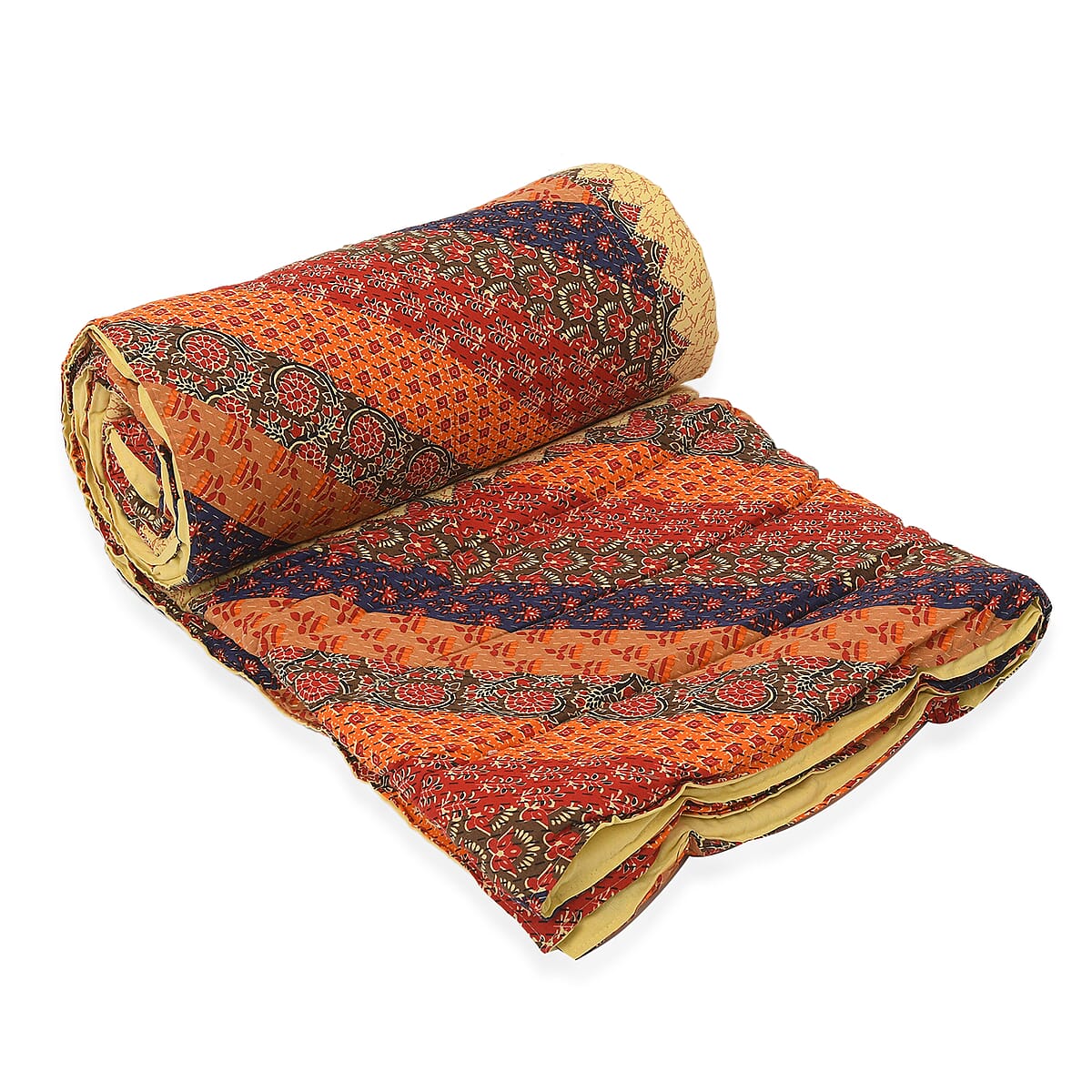 Multi Color Peacock Printed 100% Cotton Hand Quilted, Hand Stitched Quilt and 2pcs Pillow Sham image number 3