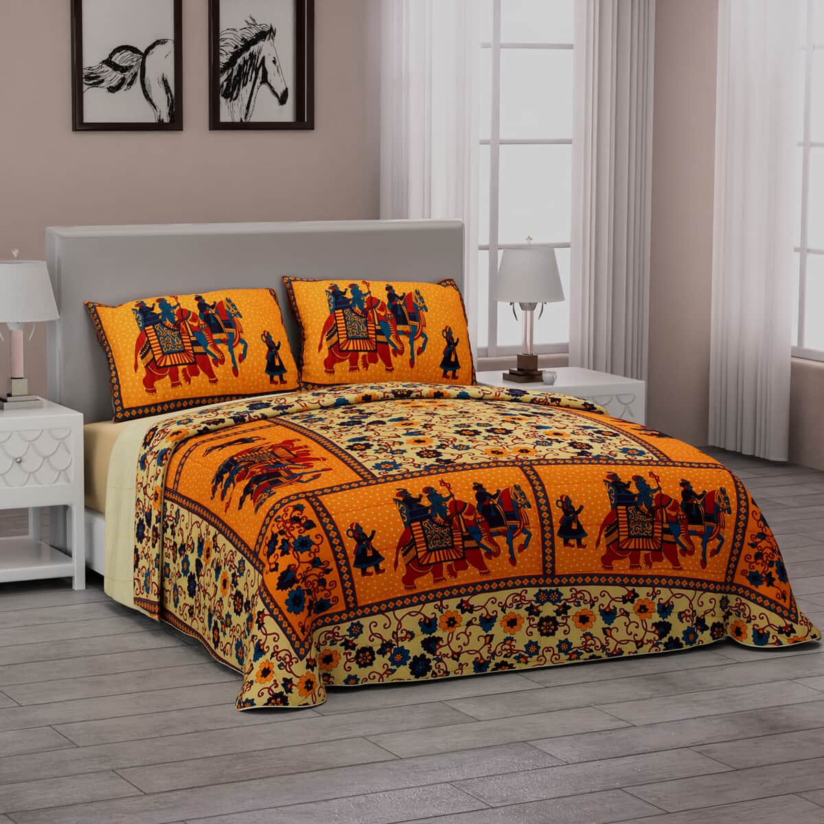 Multi Color Elephant Printed 100% Cotton Hand Quilted, Hand Stitched Quilt and 2pcs Pillow Sham image number 0