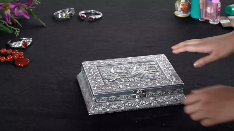 Handcrafted Oxidized 3D Peacock Embossed Scratch Protection Interior Jewelry Box