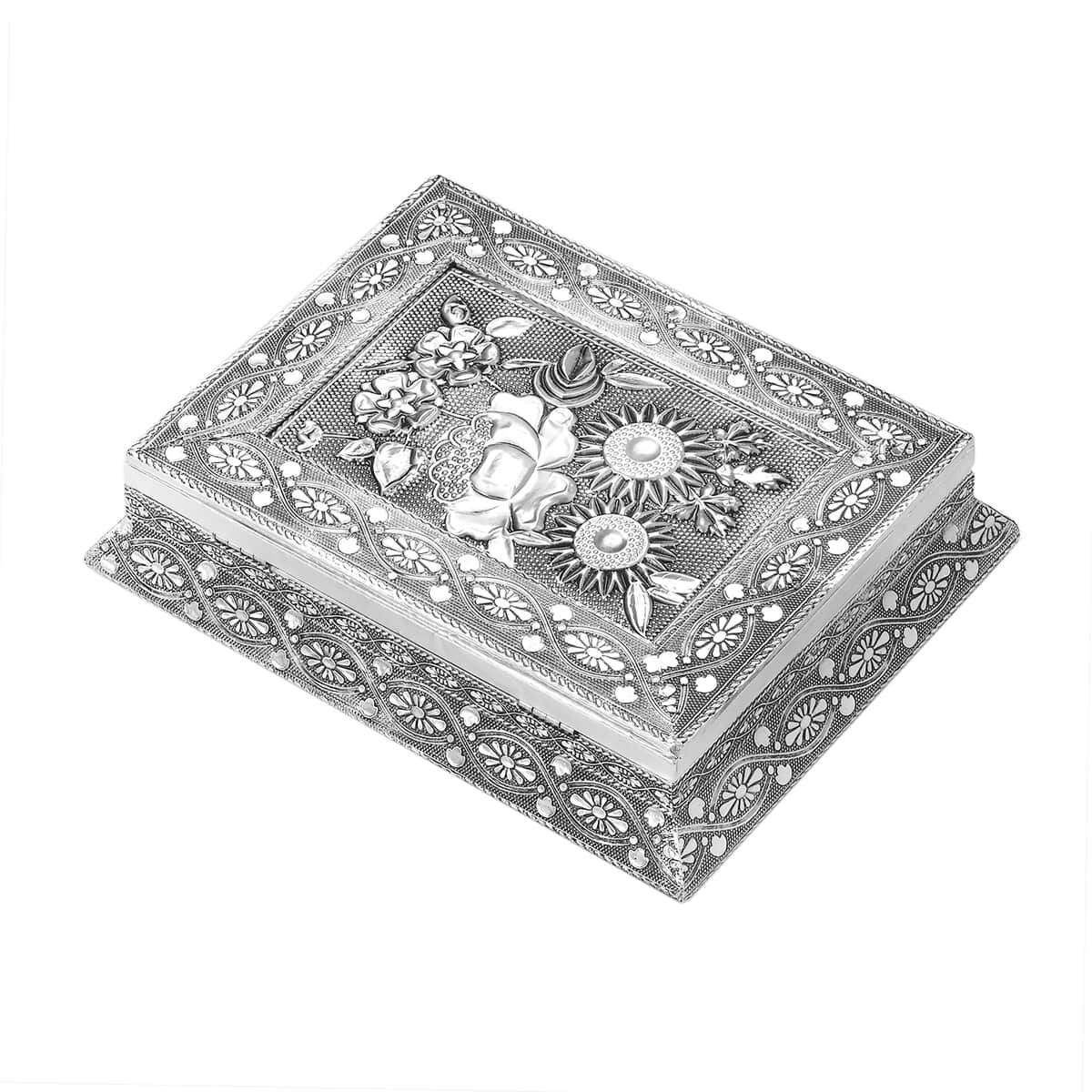 Handcrafted Oxidized 3D Flower Embossed Scratch Protection Interior Jewelry Box image number 2