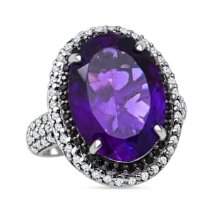 Lusaka Amethyst and Multi Gemstone Halo Ring in Platinum Over Sterling Silver (Size 10.0) 13.90 ctw