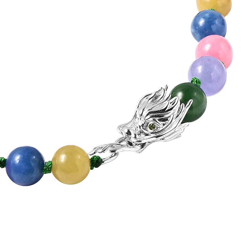 Multi Color Jade (D)  and Natural Chrome Diopside Necklace 20 Inches with Dragon Lock in Rhodium Over Sterling Silver 385.50 ctw