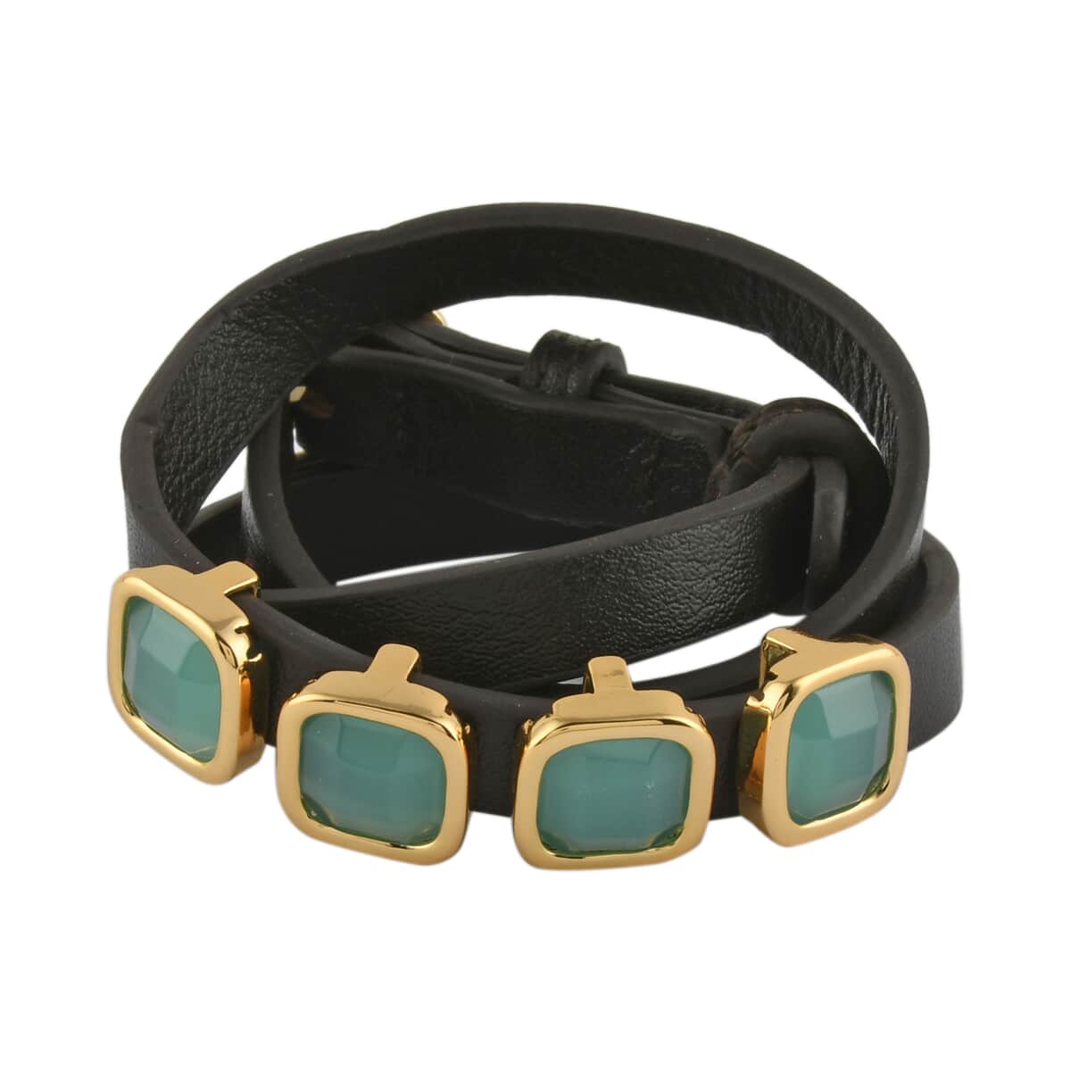 LULU DHARMA CLOSEOUT Peru Chalcedony and Brown Leather Wrap Bracelet (Adjustable) in Goldtone image number 0