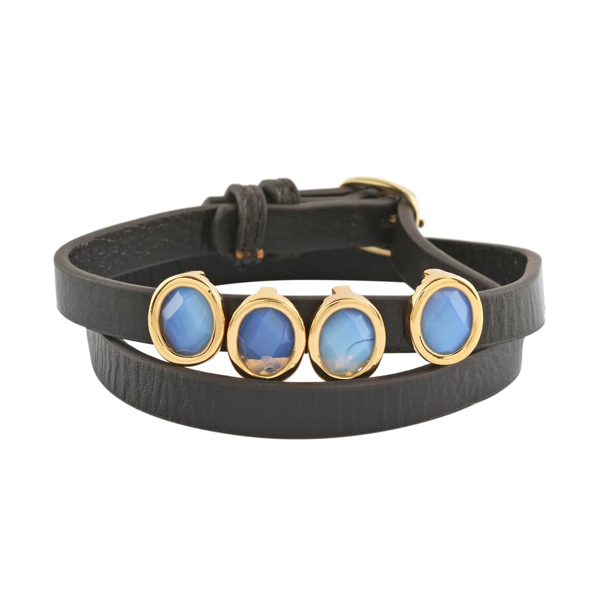 Lulu Dharma White Chalcedony and Brown Leather Wrap Bracelet (Adjustable) in Goldtone image number 0