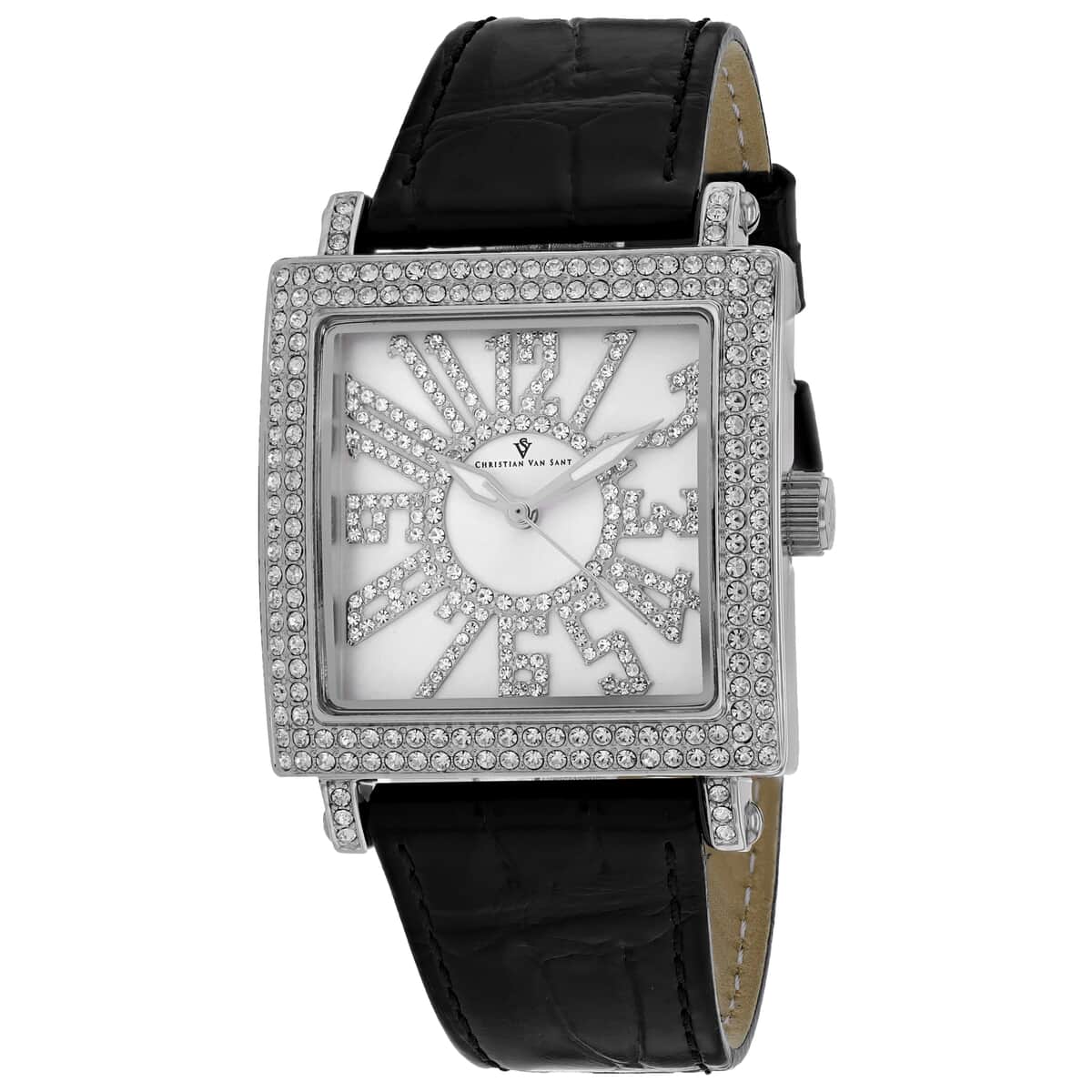 Christian Van Sant Austrian Crystal Women's Lumina Quartz Movement Watch with Silver Dial and Black Leather Band 48mm image number 0
