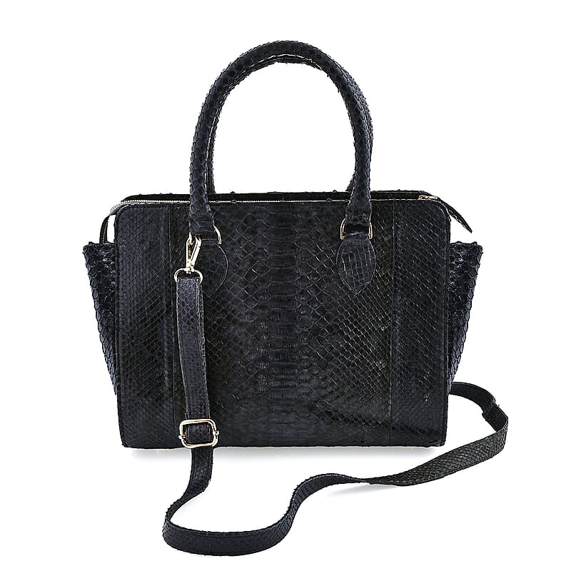 The Pelle Collection Black 100% Genuine Python Leather Tote Bag for Women, Satchel Purse, Shoulder Handbag, Designer Tote Bag