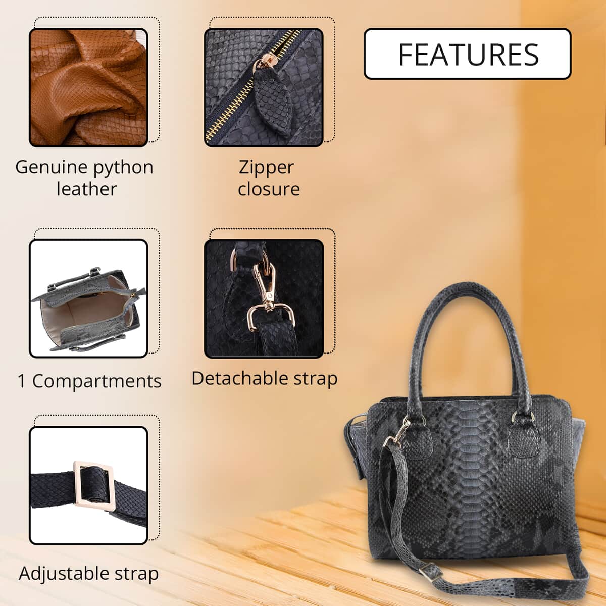 The Pelle Collection Dark Gray 100% Genuine Python Leather Tote Bag for Women, Satchel Purse, Shoulder Handbag, Designer Tote Bag image number 2