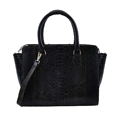 The Pelle Collection Black 100% Genuine Python Leather Tote Bag for Women, Satchel Purse, Shoulder Handbag, Designer Tote Bag