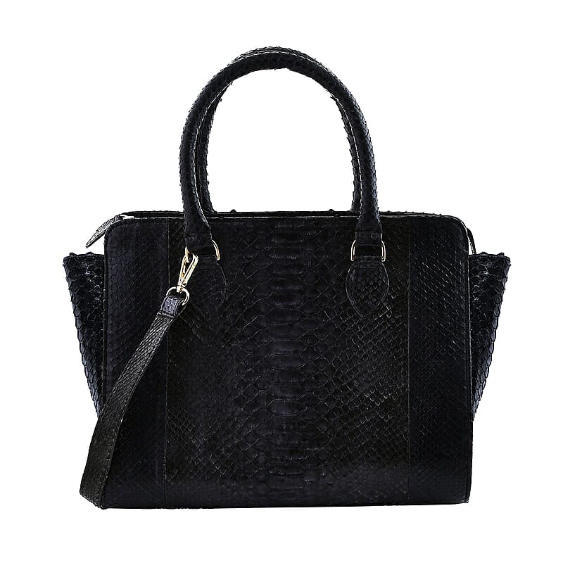The Pelle Collection Black 100% Genuine Python Leather Tote Bag for Women, Satchel Purse, Shoulder Handbag, Designer Tote Bag
