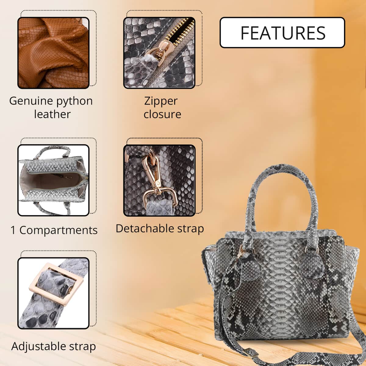 The Pelle Collection Natural Python Leather Tote Bag for Women with Detachable Strap, Satchel Purse, Shoulder Handbag, Designer Tote Bag , Shop LC