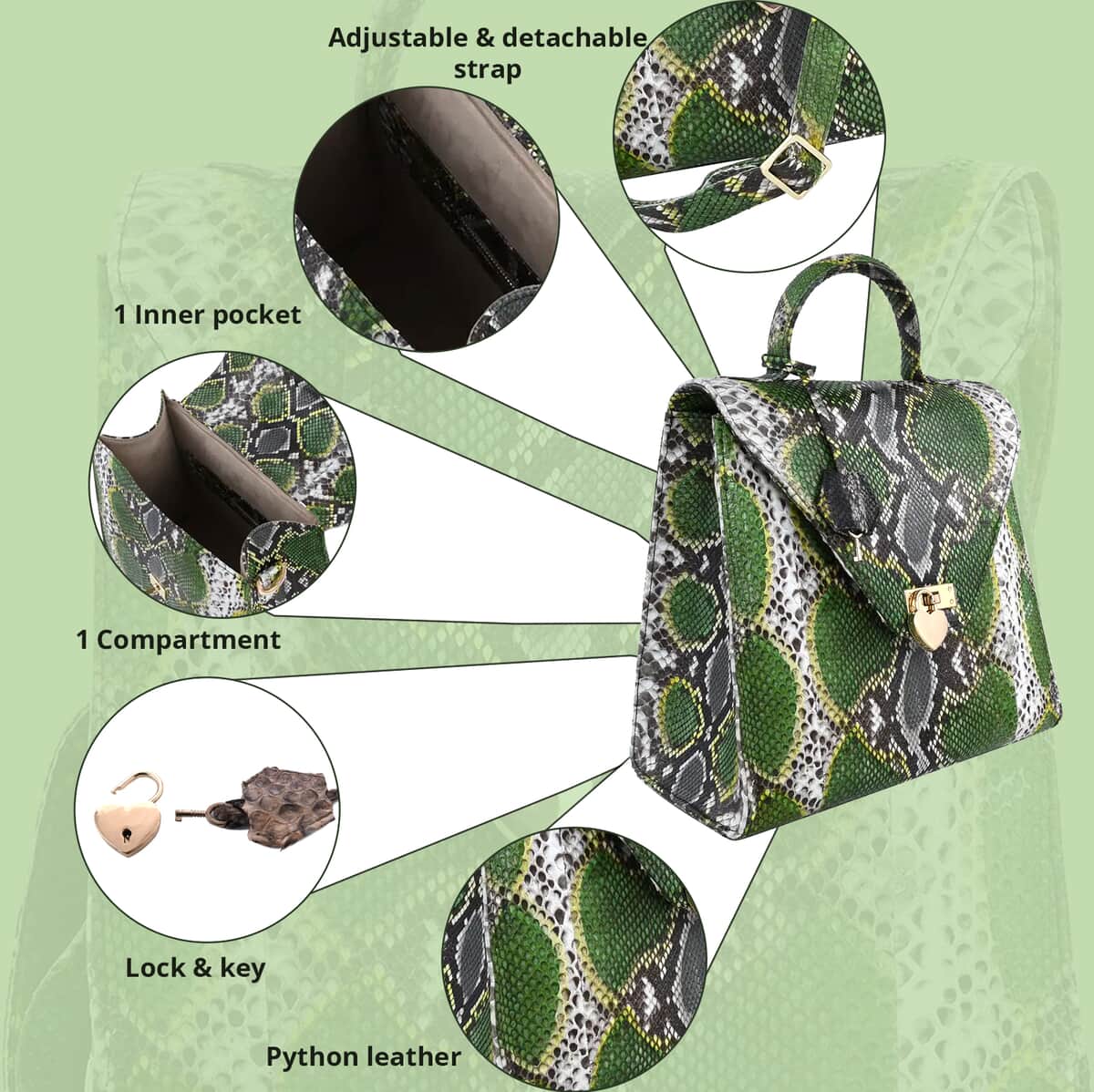 The Pelle Collection Green Color 100% Genuine Python Leather Tote Bag for Women , Women's Designer Tote Bags , Leather Handbags , Leather Purse image number 1