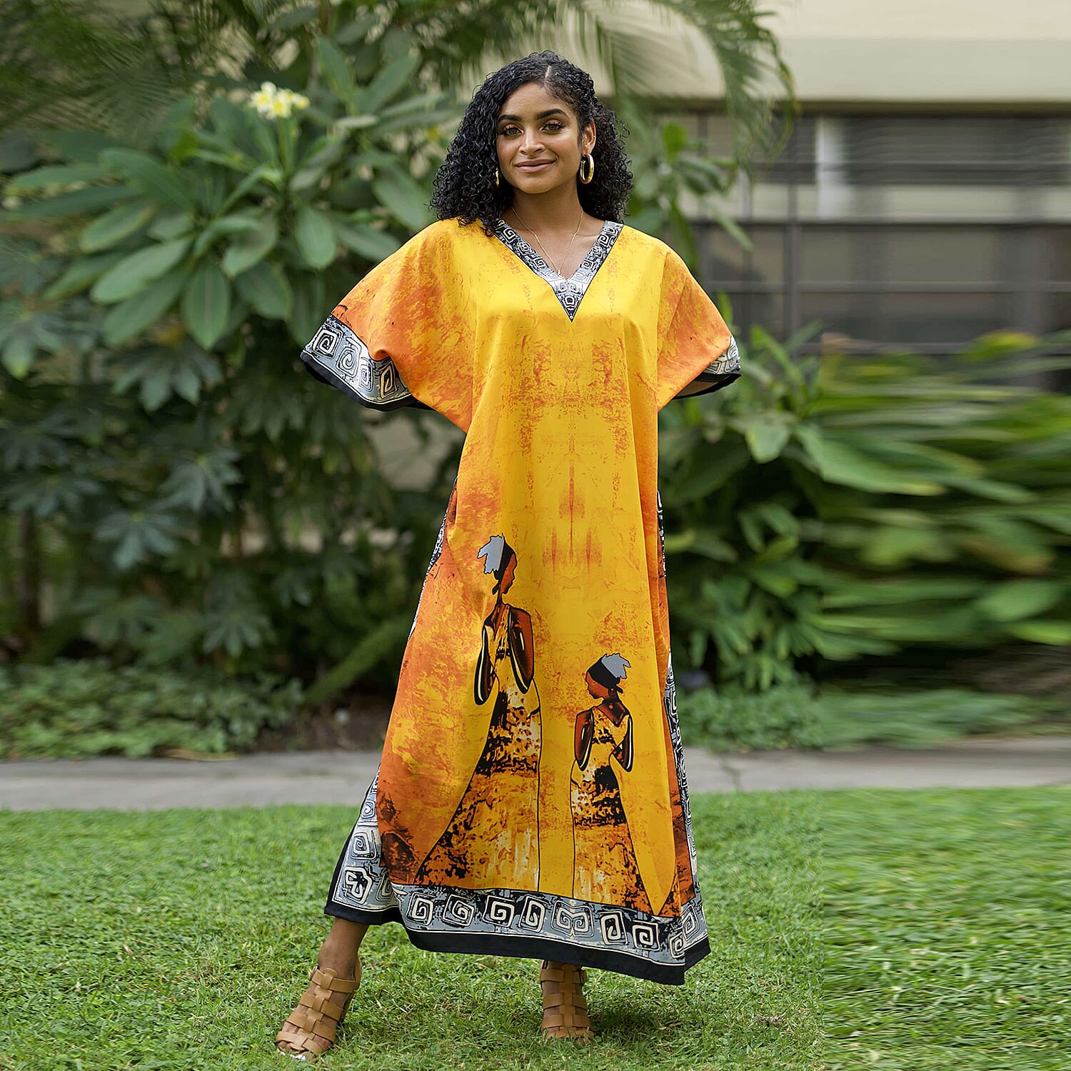 Winlar Yellow African Print V-Neck Long Microfiber Kaftan (One Size Fits Most)