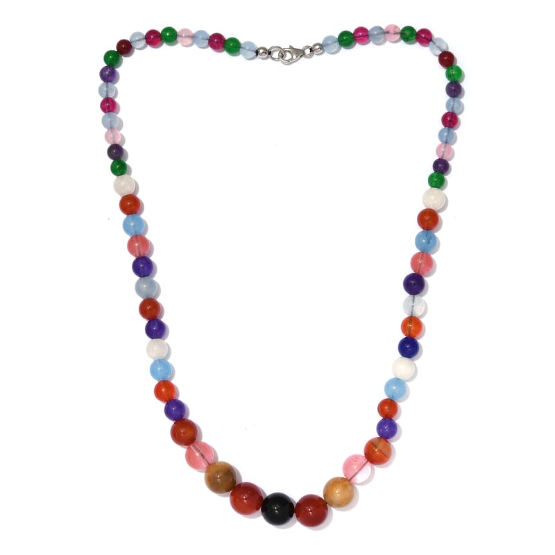 Multi Color Agate, Kennedy Range Mookite and Cherry Quartz Beaded Necklace 20 Inches in Platinum Over Sterling Silver 224.20 ctw