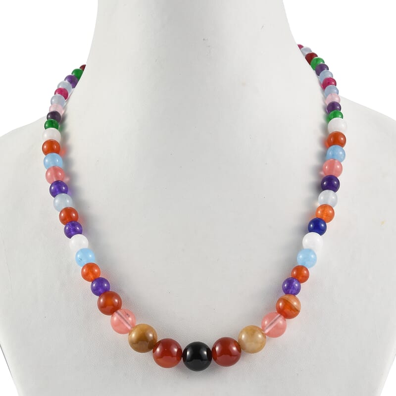 Multi Color Agate, Kennedy Range Mookite and Cherry Quartz Beaded Necklace 20 Inches in Platinum Over Sterling Silver 224.20 ctw