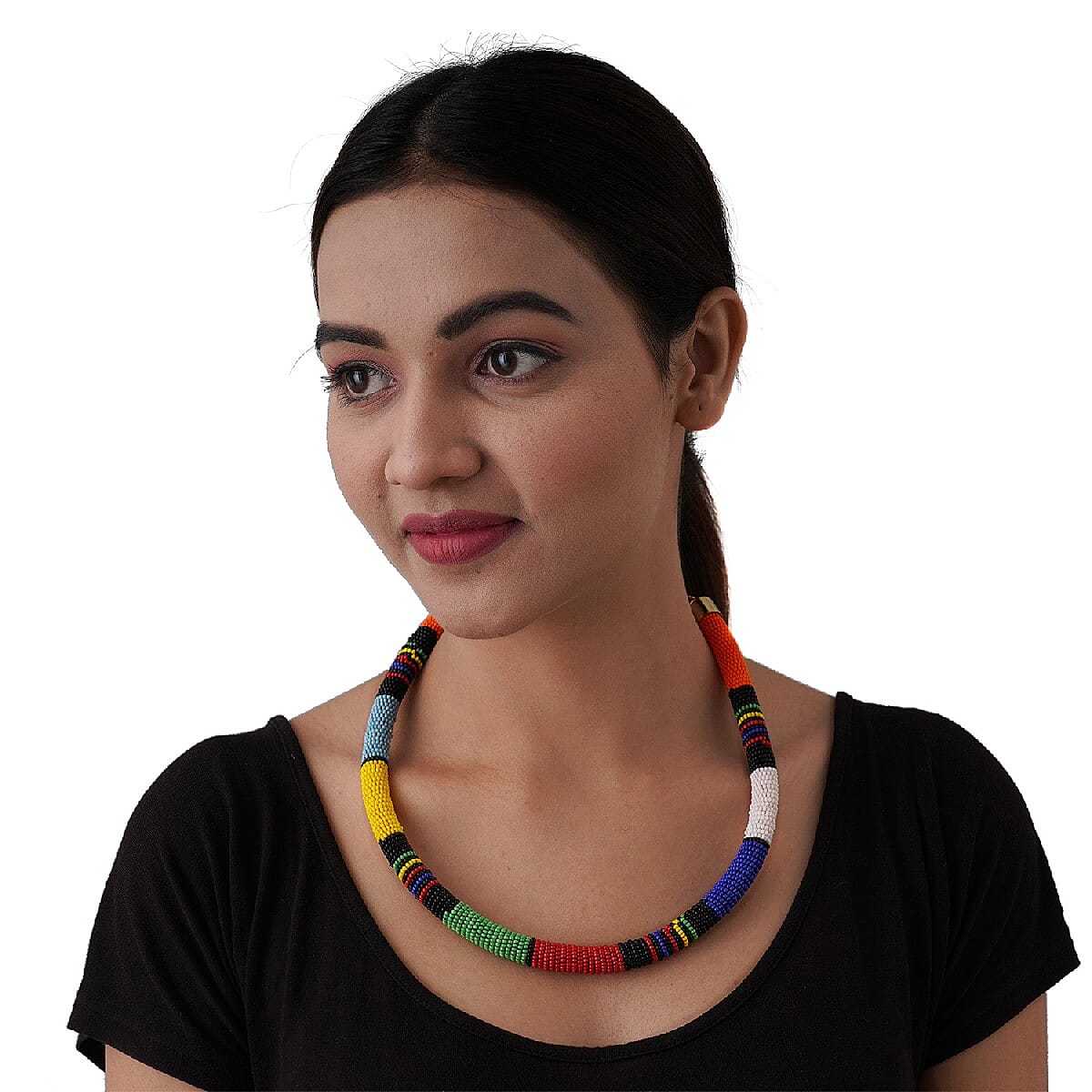 Multi Color Seed Beaded Necklace (20 Inches) in Goldtone