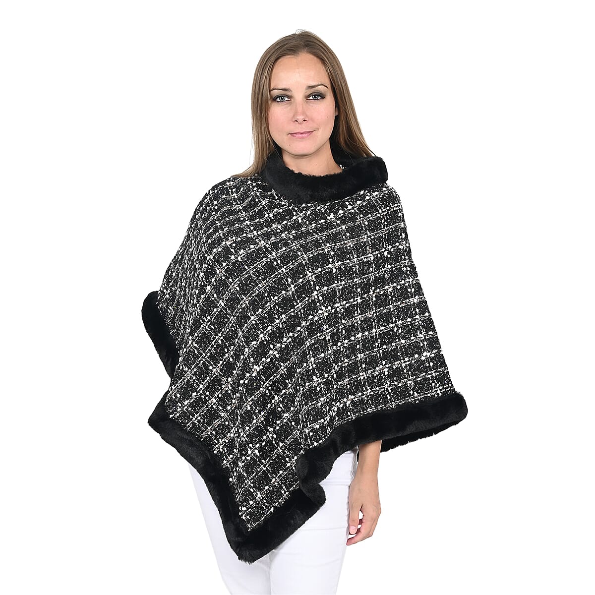 Black Checkered Pattern Poncho with Faux Fur Trim image number 0