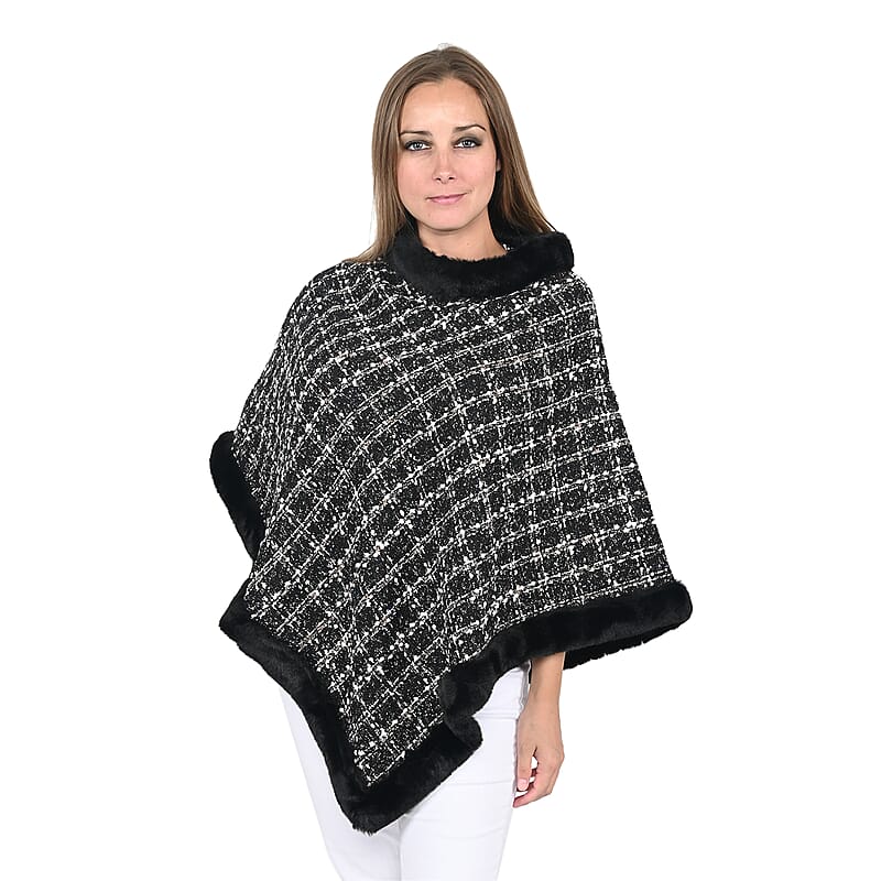 Black Checkered Pattern Poncho with Faux Fur Trim