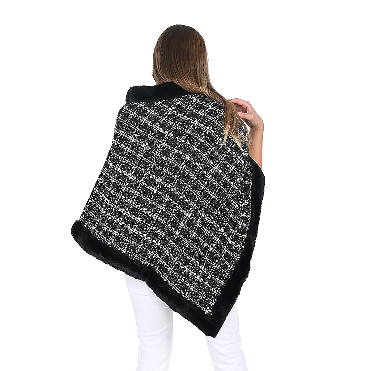 Black Checkered Pattern Poncho with Faux Fur Trim image number 1
