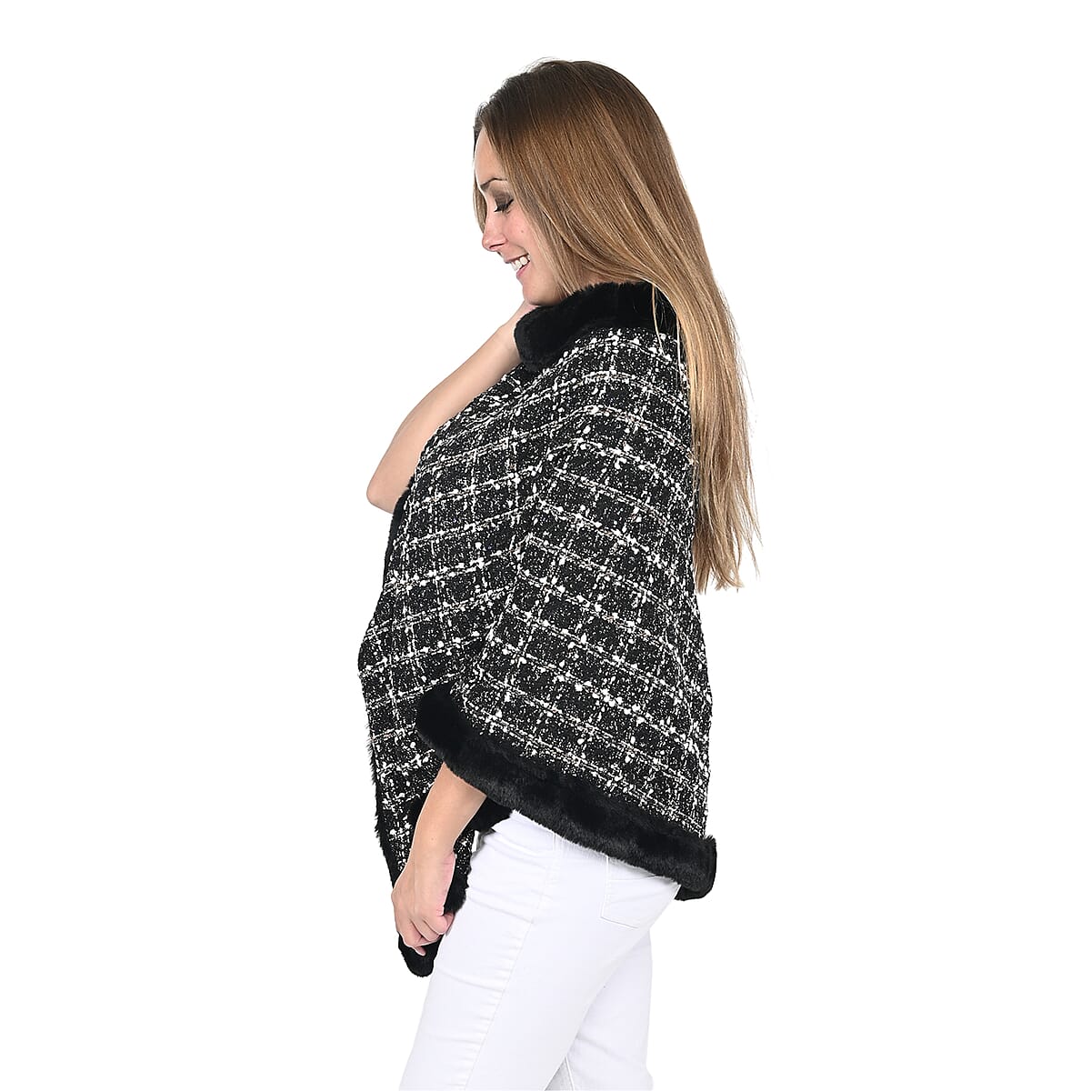 Black Checkered Pattern Poncho with Faux Fur Trim image number 2
