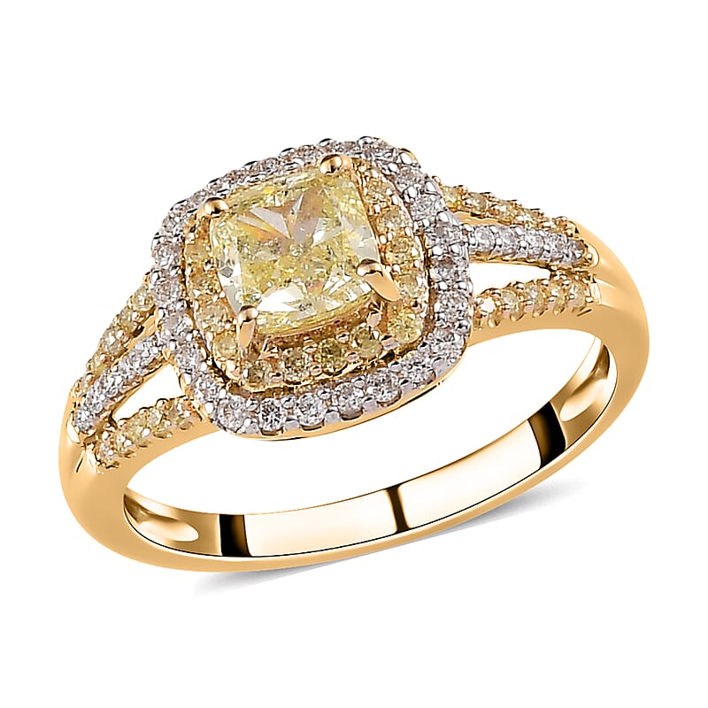 SGL Certified Luxoro 14K Yellow Gold Natural Yellow and White Diamond I1-I2 Split Shank Halo Ring (Size 5.0) 1.50 ctw