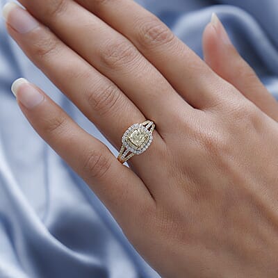 SGL Certified Luxoro 14K Yellow Gold Natural Yellow and White Diamond I1-I2 Split Shank Halo Ring (Size 5.0) 1.50 ctw