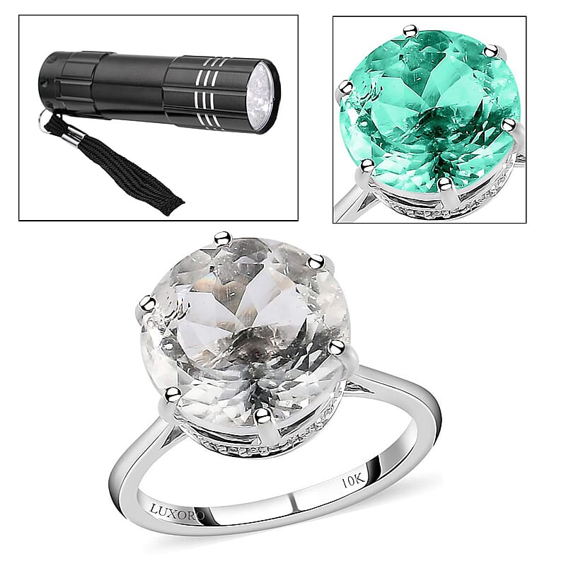 Luxoro 10K White Gold 120 Facets Mexican Hyalite Opal and Moissanite Ring (Size 5.0) with Free UV Flash Light 5.40 ctw