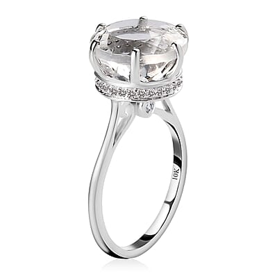 Luxoro 10K White Gold 120 Facets Mexican Hyalite Opal and Moissanite Ring (Size 5.0) with Free UV Flash Light 5.40 ctw