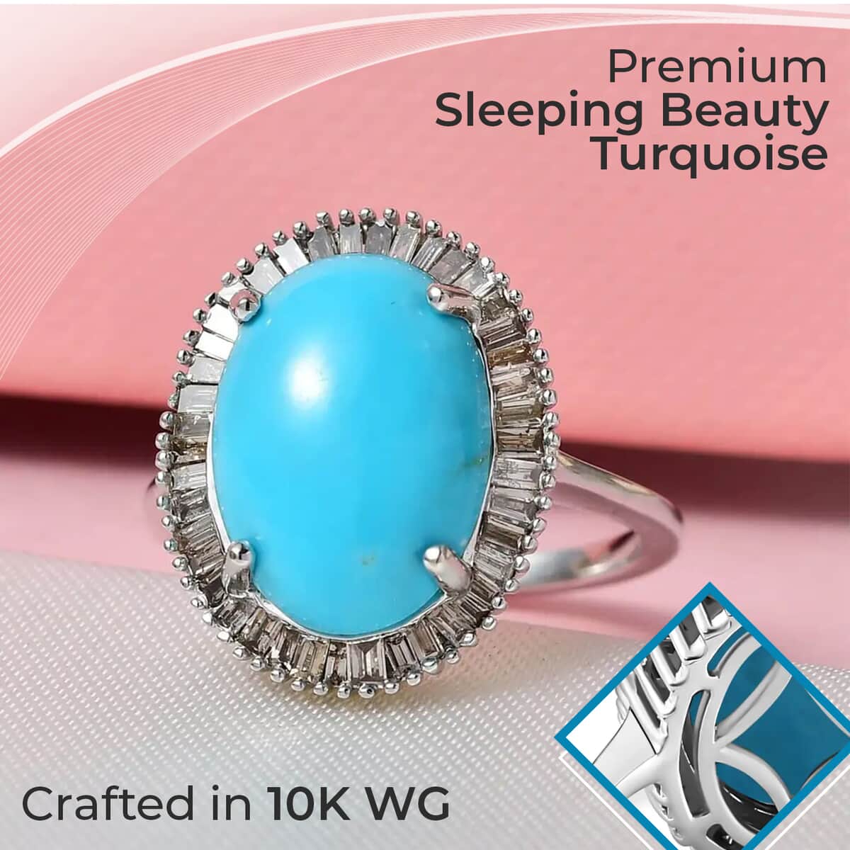 LUXORO 10K White Gold Premium American Natural Sleeping Beauty Turquoise and Natural Champagne Diamond Halo Ring (Size 10.0) 3.25 Grams 5.75 ctw image number 1