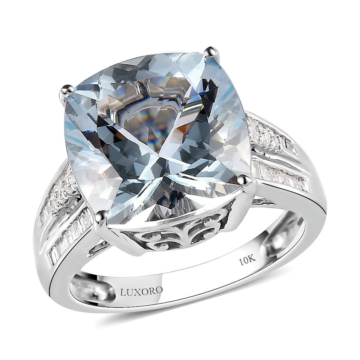 Luxoro 10K White Gold Premium Espirito Santo Aquamarine and Diamond Ring (Size 5.0) 4.65 Grams 6.85 ctw