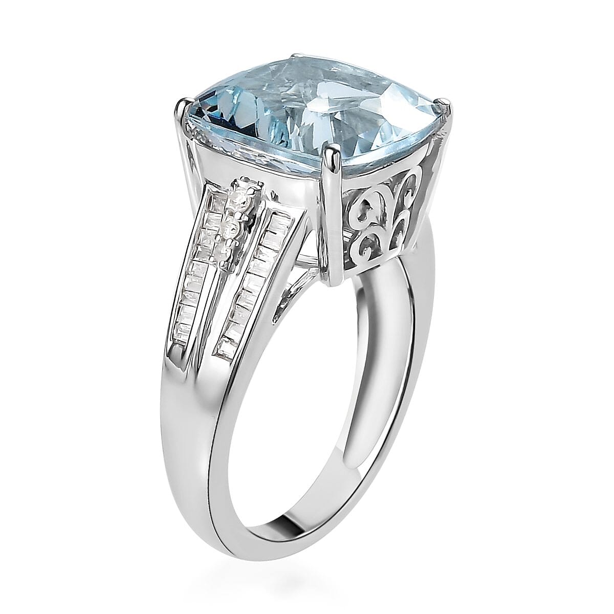 Luxoro 10K White Gold Premium Espirito Santo Aquamarine and Diamond Ring (Size 5.0) 4.65 Grams 6.85 ctw