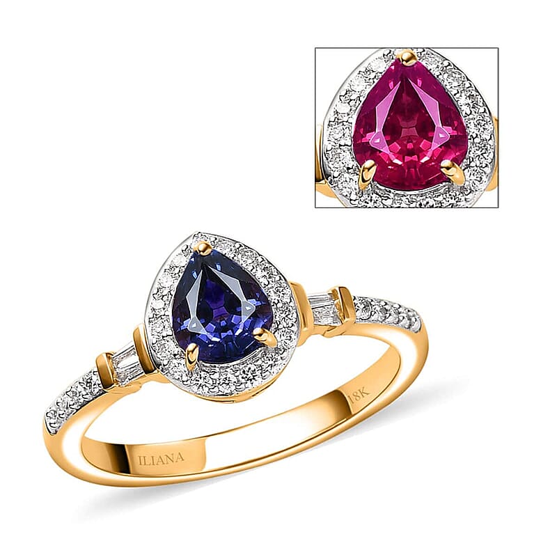 Iliana 18K Yellow Gold AAA Tanzanian Color Change Sapphire and G-H SI Diamond Halo Ring (Size 5.0) 0.90 ctw with Free UV Flash Light