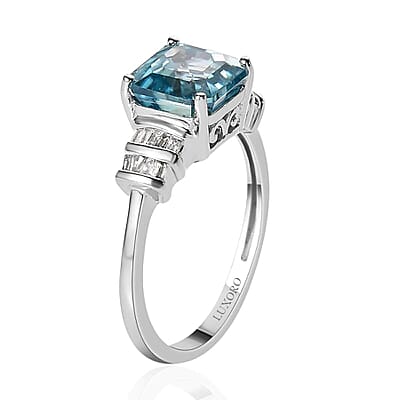 Luxoro 10K White Gold Asscher Cut Premium Ratanakiri Blue Zircon and Diamond Ring (Size 5.0) 3.15 ctw