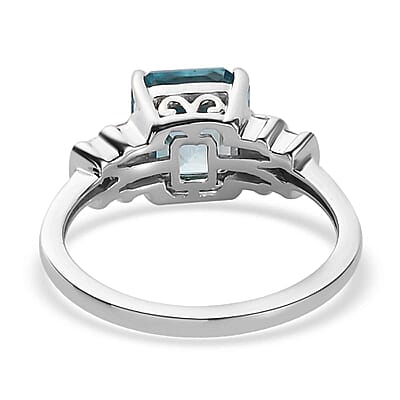 Luxoro 10K White Gold Asscher Cut Premium Ratanakiri Blue Zircon and Diamond Ring (Size 5.0) 3.15 ctw