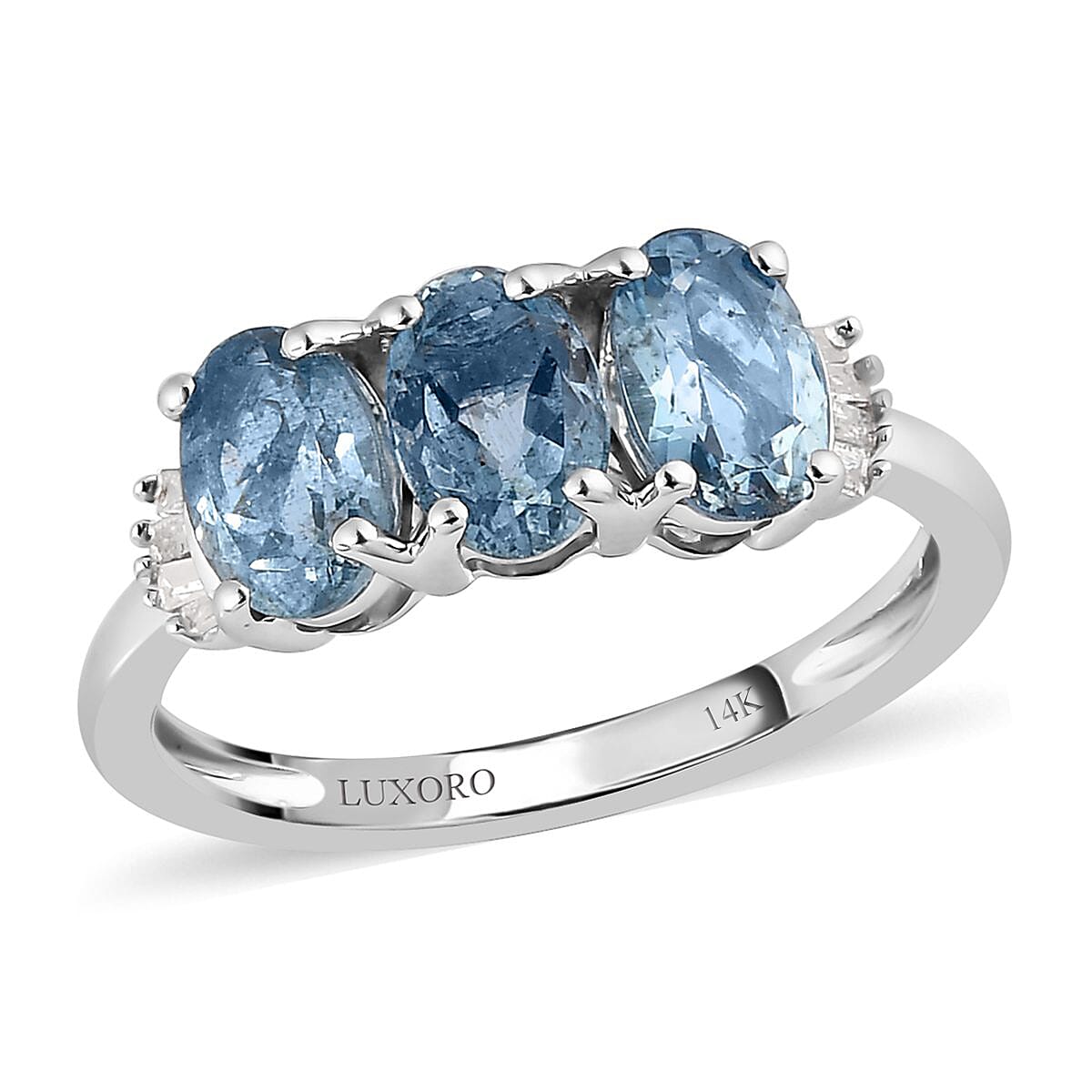 Luxoro 14K White Gold AAA Santa Maria Aquamarine and G-H I3 Diamond Trilogy Ring (Size 11.0) 1.35 ctw