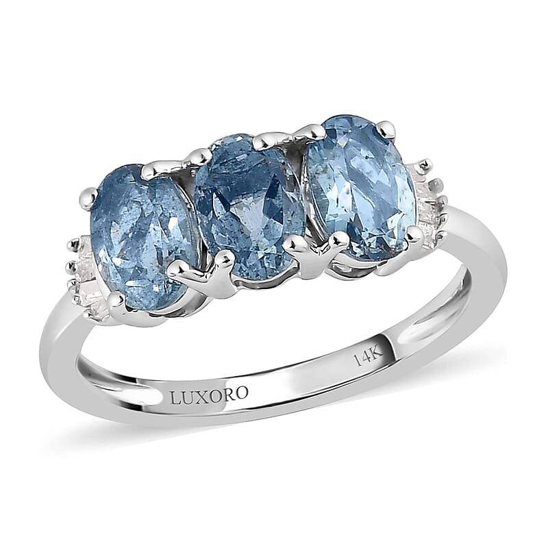 Luxoro 14K White Gold AAA Santa Maria Aquamarine and G-H I3 Diamond Trilogy Ring (Size 11.0) 1.35 ctw