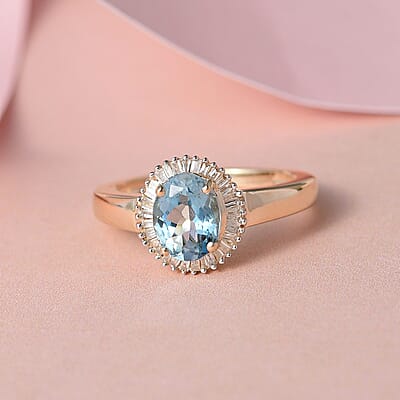 Luxoro 14K Yellow Gold AAA Santa Maria Aquamarine and G-H I2 Diamond Halo Ring (Size 5.0) 1.30 ctw