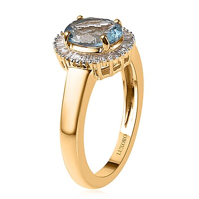 Luxoro 14K Yellow Gold AAA Santa Maria Aquamarine and G-H I2 Diamond Halo Ring (Size 5.0) 1.30 ctw