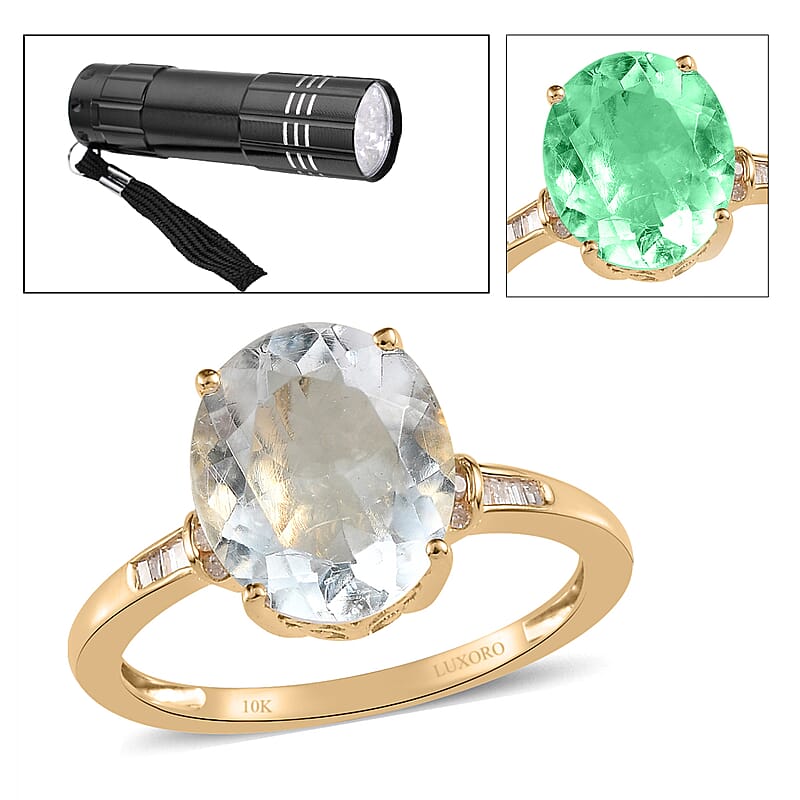 Luxoro 10K Yellow Gold Premium Mexican Hyalite Opal and Diamond Ring (Size 5.0) 2.20 Grams 3.25 ctw with Free UV Flash Light