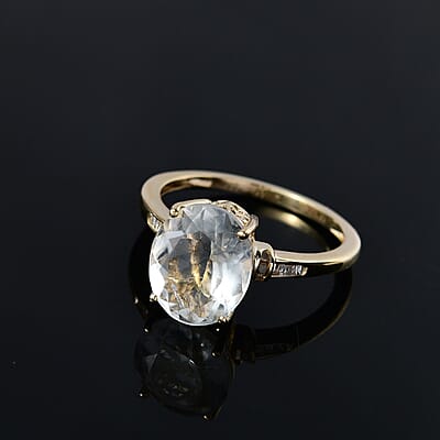 Luxoro 10K Yellow Gold Premium Mexican Hyalite Opal and Diamond Ring (Size 5.0) 2.20 Grams 3.25 ctw with Free UV Flash Light