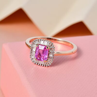 LUXORO 10K Rose Gold AAA Madagascar Pink Sapphire and G-H I3 Diamond Halo Ring (Size 5.0) 2.35 Grams 1.10 ctw