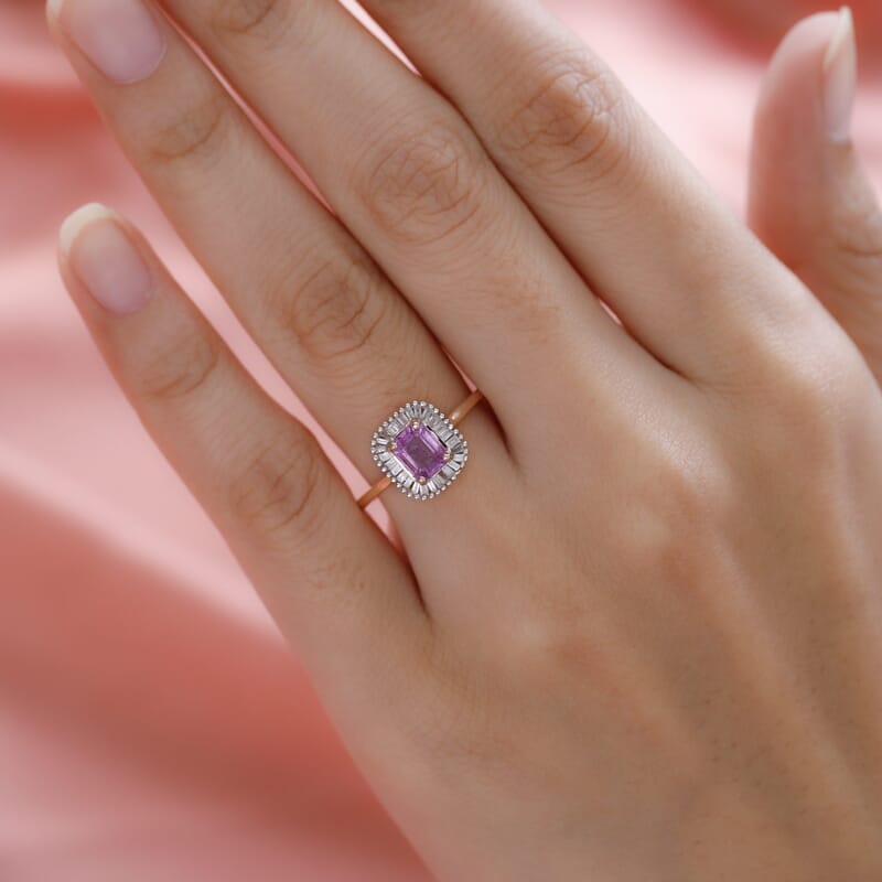 LUXORO 10K Rose Gold AAA Madagascar Pink Sapphire and G-H I3 Diamond Halo Ring (Size 5.0) 2.35 Grams 1.10 ctw