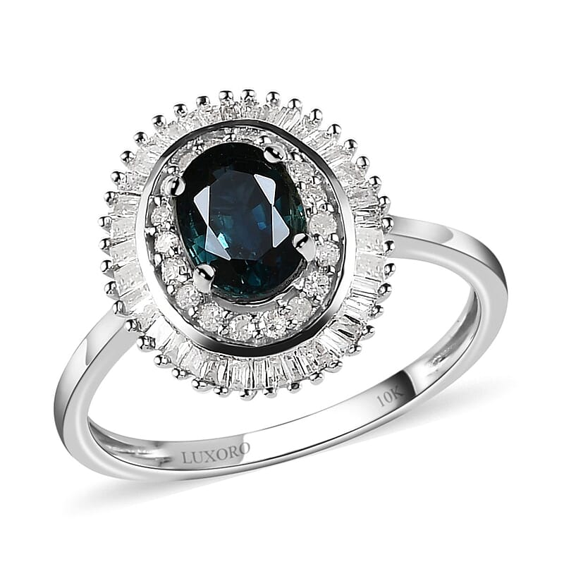 Luxoro 10K White Gold AAA Indigo Sapphire and G-H I3 Diamond Double Halo Ring (Size 5.0) 1.35 ctw