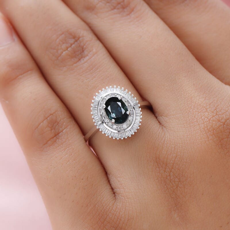 Luxoro 10K White Gold AAA Indigo Sapphire and G-H I3 Diamond Double Halo Ring (Size 5.0) 1.35 ctw