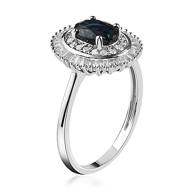 Luxoro 10K White Gold AAA Indigo Sapphire and G-H I3 Diamond Double Halo Ring (Size 5.0) 1.35 ctw