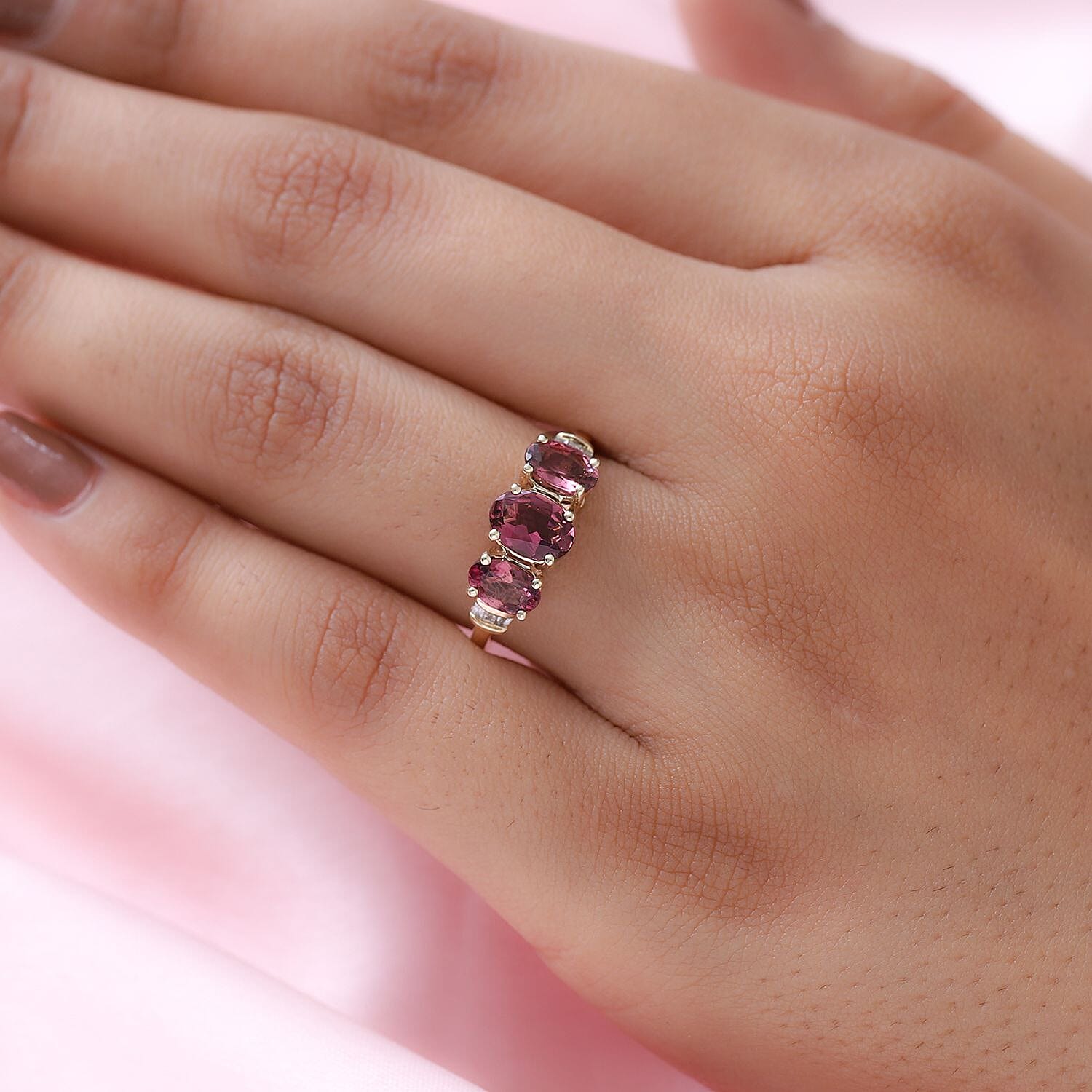 Luxoro AAA Salmon Pink Tourmaline and Diamond Trilogy Ring in 10K Yellow Gold, Pink Tourmaline Jewelry, Birthday Anniversary Wedding Gift For Her 1.70 ctw