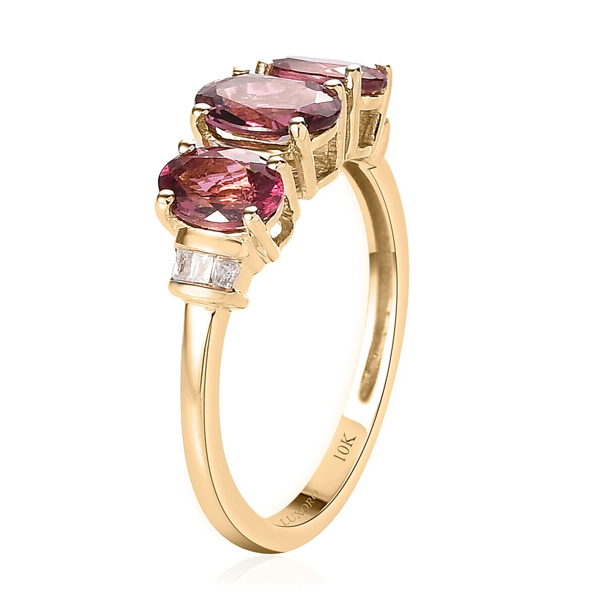 Luxoro AAA Salmon Pink Tourmaline and Diamond Trilogy Ring in 10K Yellow Gold, Pink Tourmaline Jewelry, Birthday Anniversary Wedding Gift For Her 1.70 ctw