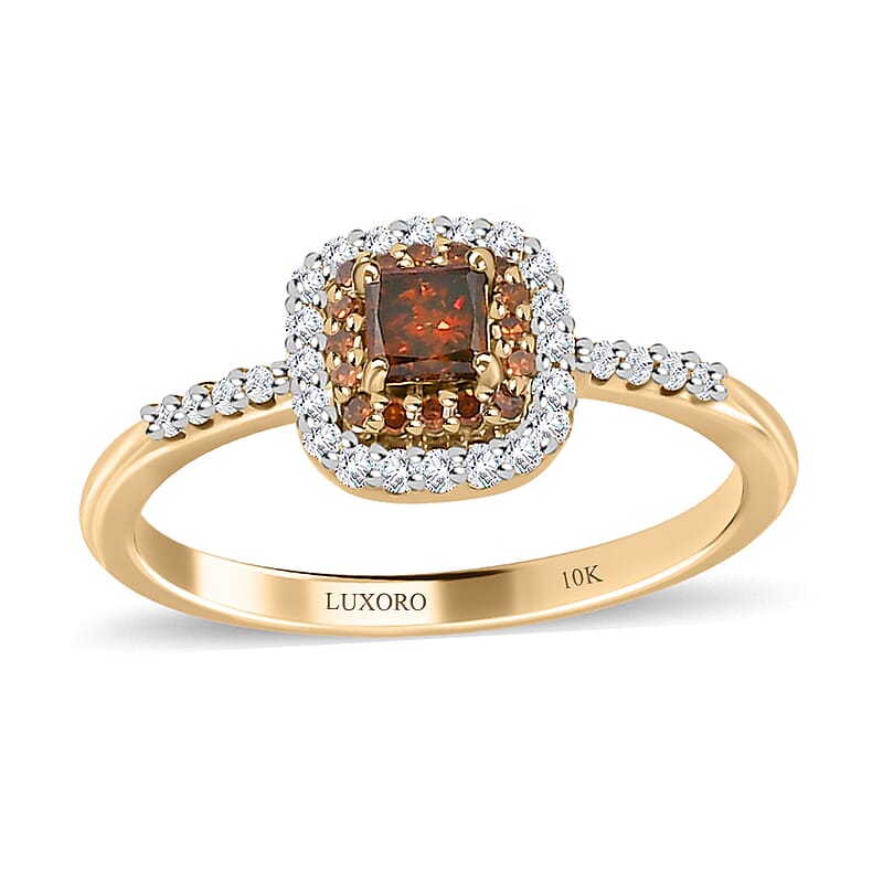 Luxoro 10K Yellow Gold Princess Cut Orange Diamond and White Diamond Halo Ring (Size 5.0) 0.50 ctw