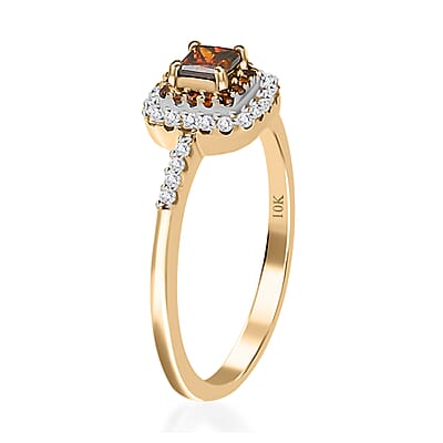 Luxoro 10K Yellow Gold Princess Cut Orange Diamond and White Diamond Halo Ring (Size 5.0) 0.50 ctw