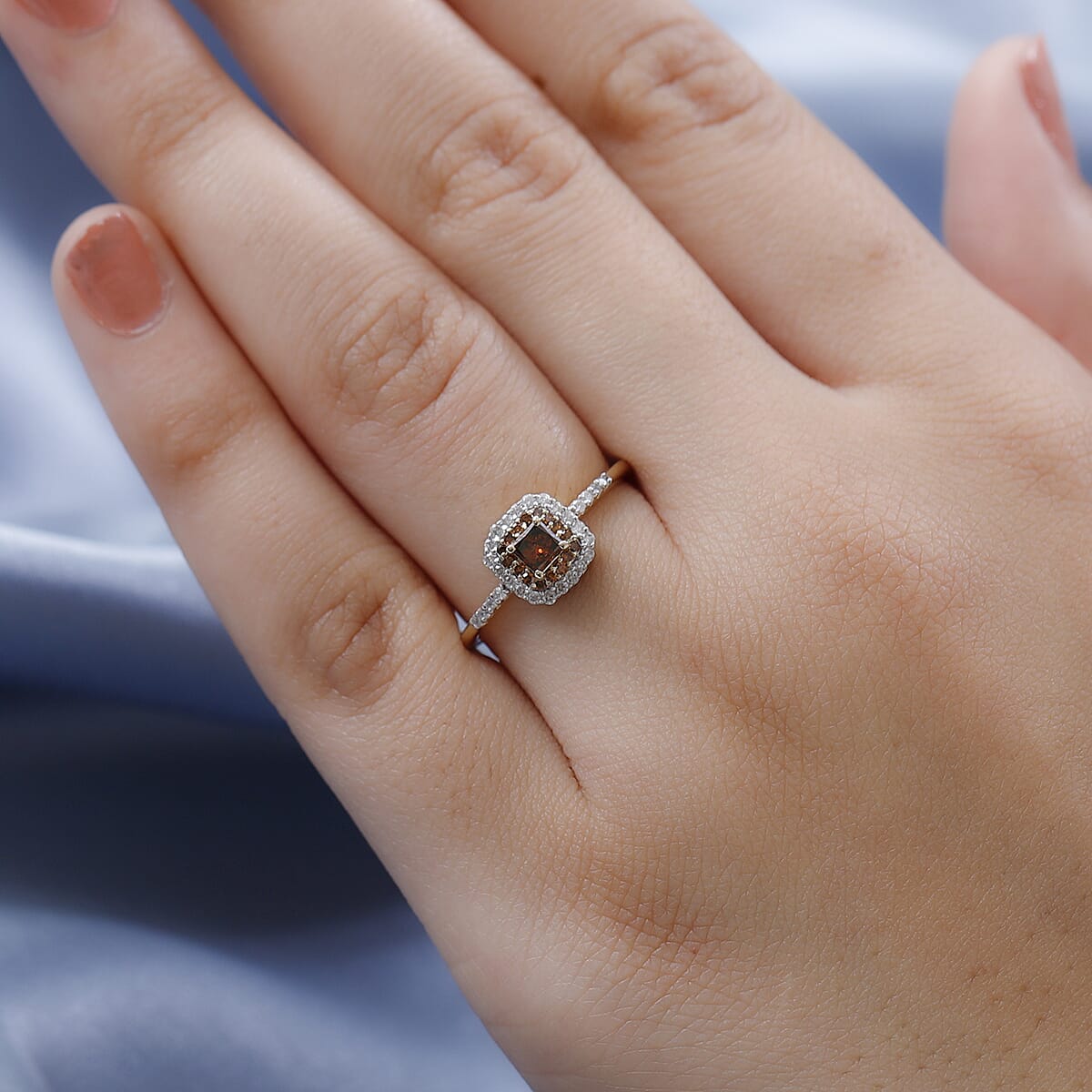 Luxoro 10K Yellow Gold Princess Cut Orange Diamond and White Diamond Halo Ring (Size 8.5) 0.50 ctw image number 2